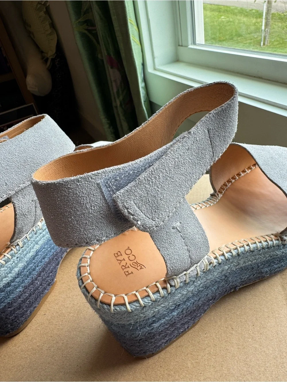 FRYE AND CO. Grayish Blue Suede Ankle-Strap Gradient Espadrille Wedges